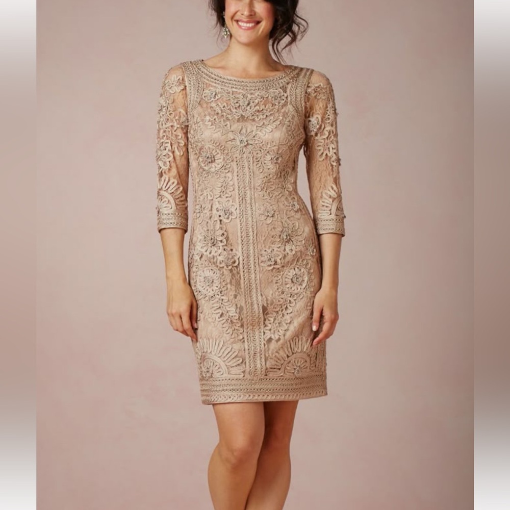 Sue Wong Nocturne mini sheath lace Dress in Tan size 6